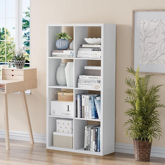 VDNEND Cube Storage Organizer Bookcase, Decorative 11 inch Open Back Cubical Shelf with Thickened Border, Display Bookshelf for Living Room, Home Office, Sturdy Room (White, 8 Cube)