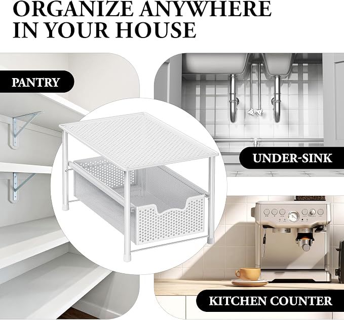 Simple Houseware Stackable Under Sink Sliding Basket Drawer, White | Perforated Free Standing Organizer, Kitchen/Pantry/Cabinet/Counter