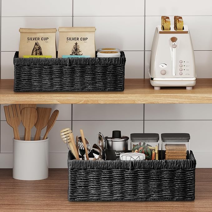 Wicker Storage Basket, Set of 2 Hand-Woven Paper Rope Wicker Baskets for Organizing Decor Storage Bins for Counter Shelves Pantry Basket Small Toilet Paper Basket for Toilet Tank Top, Black