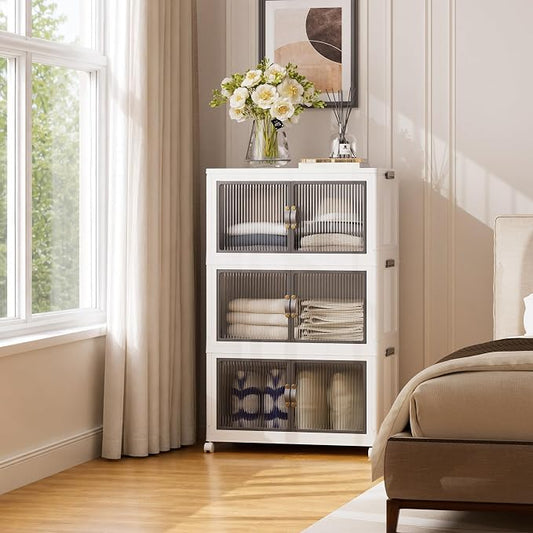 SAILUN 87Gal/348Qt Stackable Storage Bins Folding Collapsible Storage Bins with a Lid, Closet Organizers and Storage,White 26" W x 17" D x 43.7" H