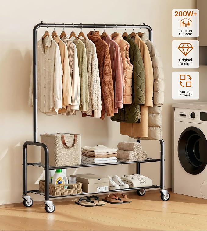 AOODA Heavy Duty Clothes Rack with Shelves, 46.5'' Metal Rolling Clothing Racks for Hanging Clothes, Wardrobe Garment Rack with Lockable Wheels for Coats, Shirts, Shoe Boxes (Black)