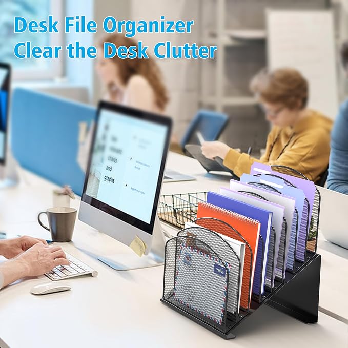 Delifox Inclined Desk File Organizer, 8-Section, Black | Upright Desk File Holder, Standing File Sorter, For Office School Classroom Desktop Organization