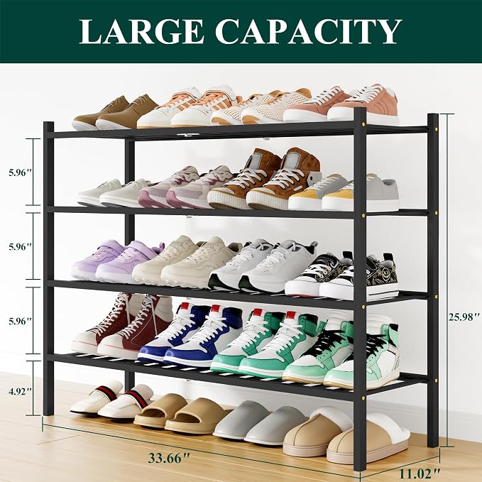Smiry Bamboo Shoe Rack, 12 Vertical Slats, 4 Tier - 33.7" Wide, Black | Stackable Free Standing Wooden Shoe Organizer, Wood Shoe Storage Shelf for Closet, Entryway