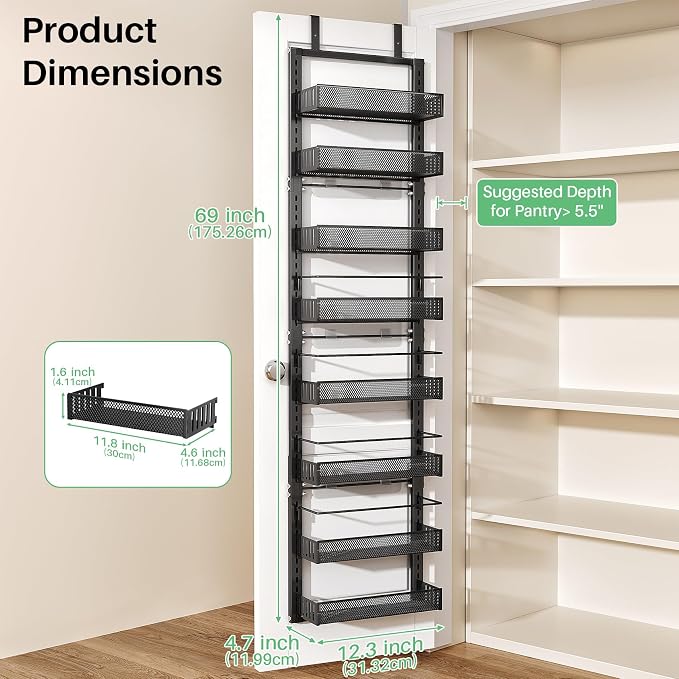 8 Tiers Over the Door Organizer - Height Adjustable Pantry Organizers and Storage with Dense Mesh Baskets, Anti-Swing Hanging Door Spice Rack for Kitchen Bathroom (Black, 12.3"W x 4.7"D x 69"H)