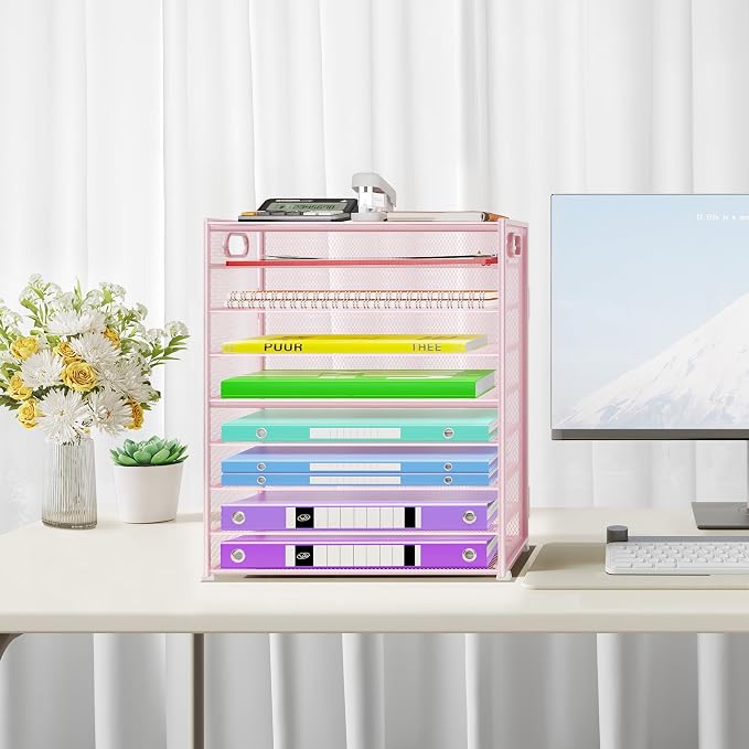 Cawukege 9 Tier Paper Organizer with Handle, Large Capacity Desk Organizer Mesh Paper Letter Tray File Folder Document Sorter for Classroom and Office Accessories Organization- Pink (2 Pack)
