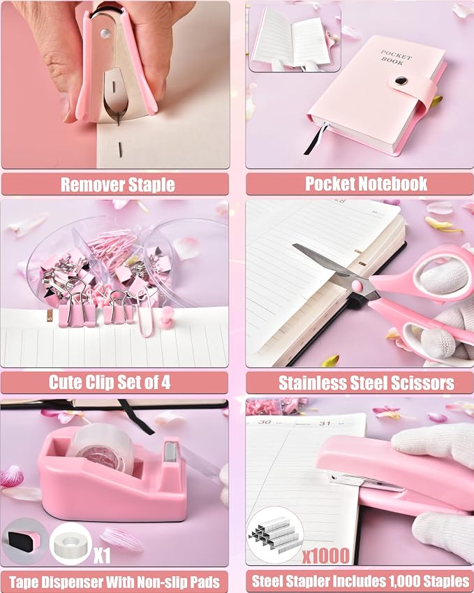 LXEVIHK 21Pcs Pink Desk Organizers and Accessories With Mesh Desk Organizer and 360°Rotating Pen Holder and a Lot of Office Pink Office Supplies Beautifully Presented in a Gift Box