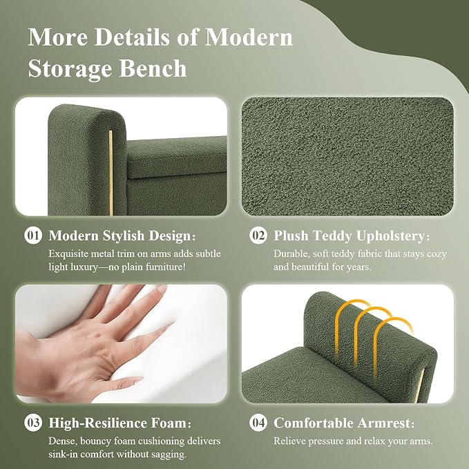 Storage Ottoman Bench, End of Bed Bench with Pull-Ring | 52" Teddy Upholstered, Window Bench with Armrest, Generous Storage, Safety Hinge, Holds 300 LBS, for Bedroom, Olive Green