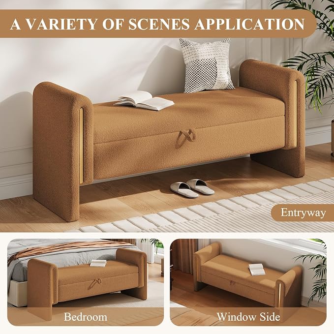 Storage Ottoman Bench, End of Bed Bench with Pull-Ring | 52" Teddy Upholstered, Window Bench with Armrest, Generous Storage, Safety Hinge, Holds 300 LBS, for Bedroom, Coffee