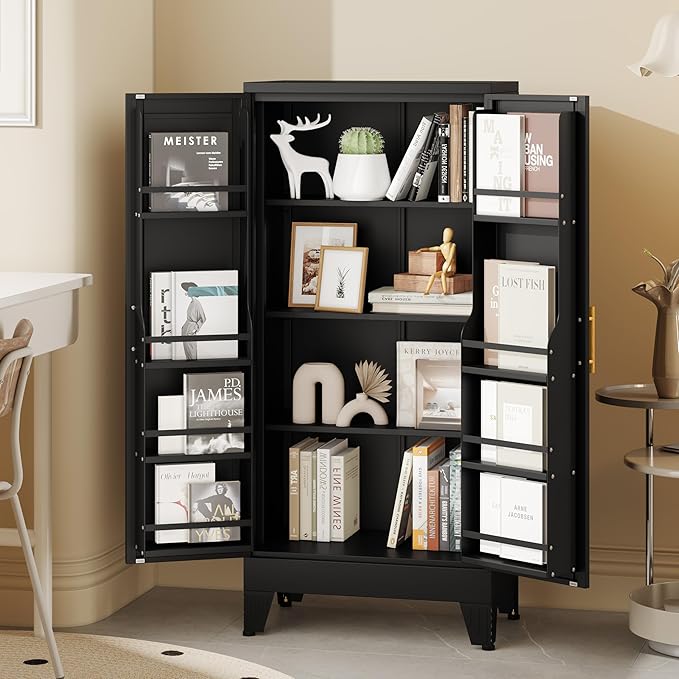 GAIOUS Metal Kitchen Pantry Cabinet, Storage Cabinets with 2 Door and 3 Adjustable Shelves, Black Freestanding Food Storage Cabinet, Steel Cupboard for Kitchen Dinning Room