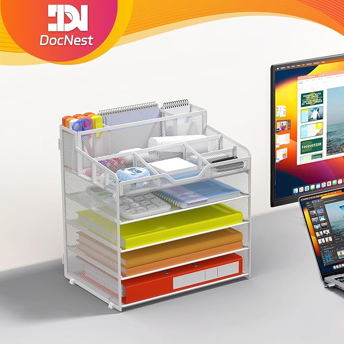 Docnest 5 Tier Mesh Desk Organizer with Letter Tray & Paper Sorter, White | Features 3 built-in pen holders & 5 adjustable compartments on top. Includes 4 non-slip rubber feet for desk protection
