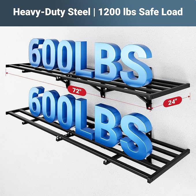 FLEXIMOUNTS 4-Pack 2x6ft Garage Wall Shelving with 8 Hooks, 1200lbs, Black | Heavy Duty Garage Shelving Wall Mounted, Rustproof Finish, Storage for Power Tools, Garden Supplies, Storage Bin, Lite Series