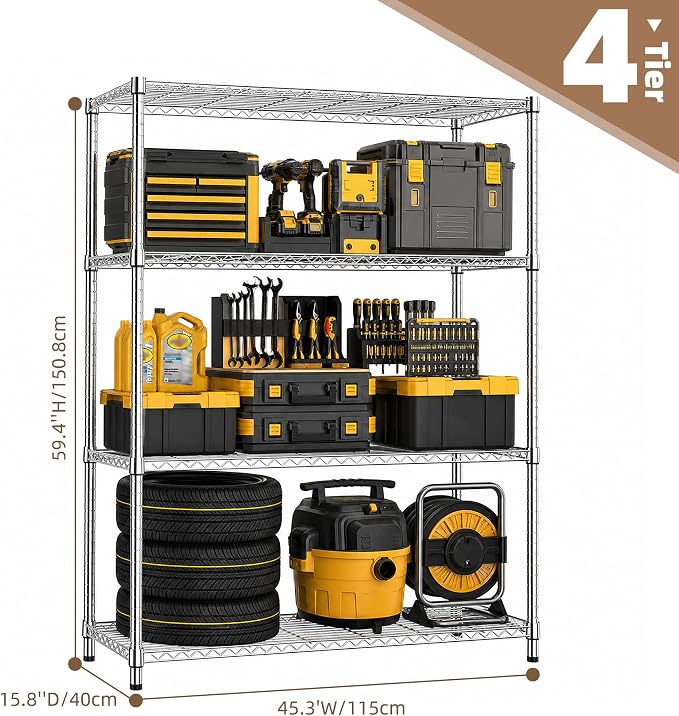 M MZG 4-Shelf Heavy Duty Garage Shelving Wire Adjustable Storage Rack for Kitchen Laundry Bathroom Pantry 1400 lbs Capacity Silver 15.8 x 45.3 x 59.4 Inch
