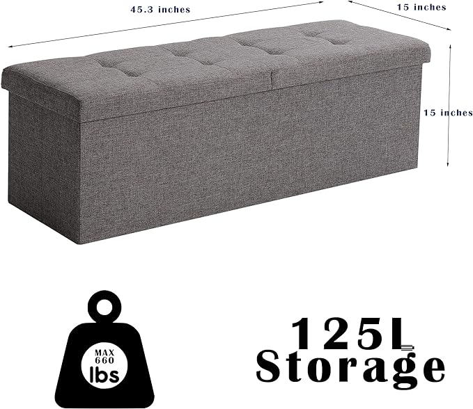 45.3 Inches Storage Ottoman Bench Foldable Seat Footrest Shoe Bench End of Bed Storage with Flipping Lid, 166L Storage Space, Linen Fabric Black