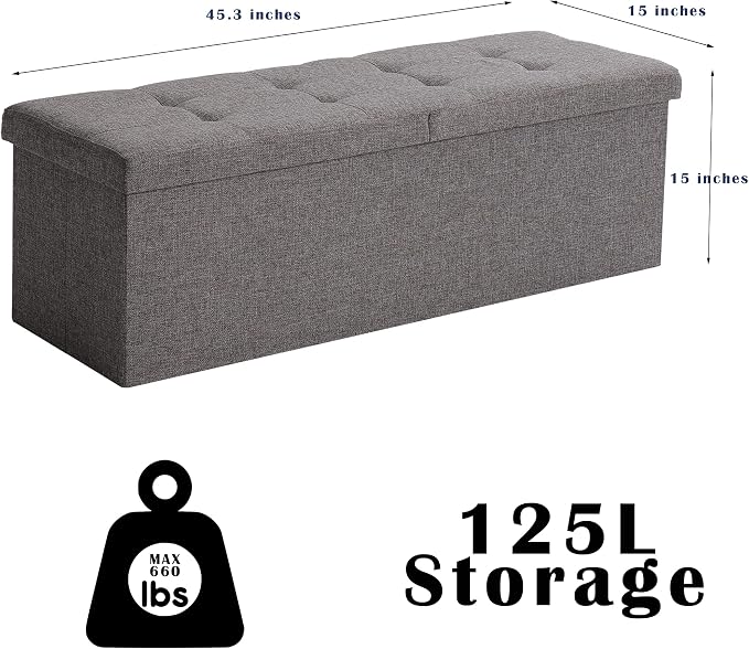 45.3 Inches Foldable Seat Footrest Shoe Bench End of Bed Storage with Flipping Lid, 166L Upholstered Tufted Bench, Linen Fabric Grey