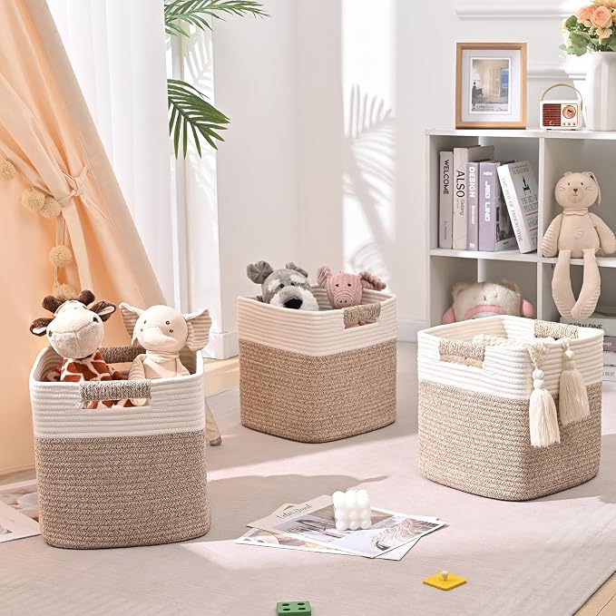 13 Inch Storage Cubes, 3 Pack Cube Storage Bins for Organizing, Cotton Rope Woven Baskets for Shelves, Bathroom, Kids Room, Closets, Baby Nursery