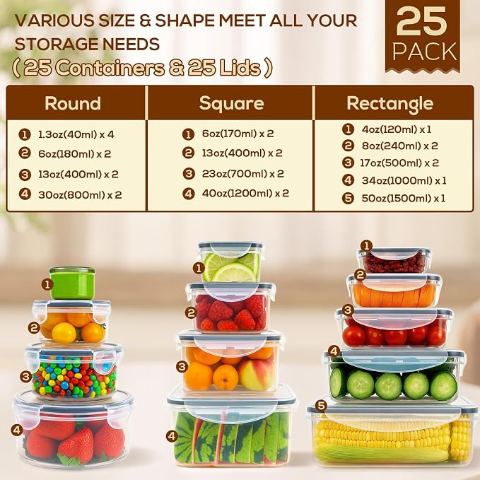 50PCS Thick Food Storage Containers with Airtight Lids for Meal Prep | BPA-Free Plastic Food Container Set for Leftovers, Snacks, Lunch, Fruit, Freezer Storage & Kitchen Organization, Leakproof