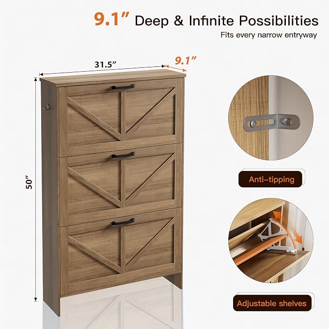 Nicetree 3-Drawer Flip Shoe Storage Tower – Slim-Profile Freestanding Rack with Adjustable 3-Tier Shelving, Rustic Shaker Barn Door Style, and Warm Caramel Finish – Compact Boot & Shoe Organizer