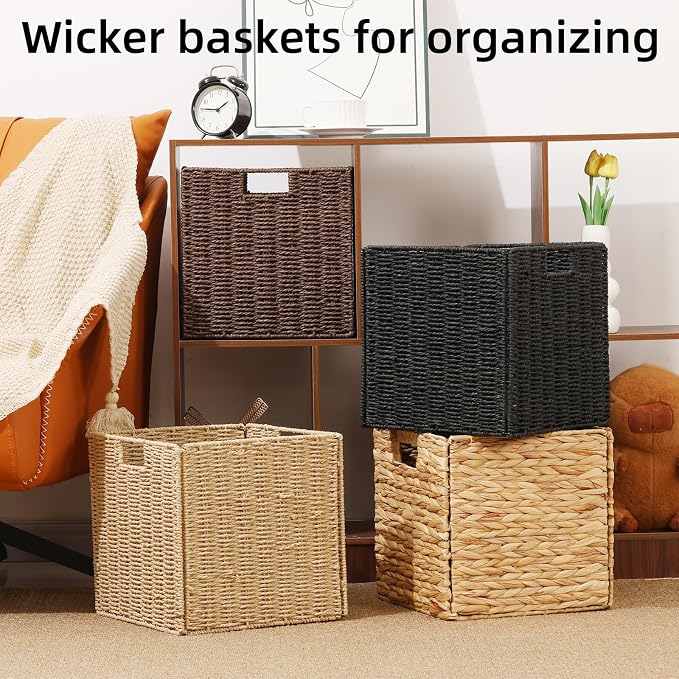 Set of 2 Hand-Woven Paper Rope Wicker Baskets, Storage Basket, Foldable Cube Storage Bins, Natural Color Storage Cubes, Square Baskets for Organizing Shelves Decor, 12x12x12in