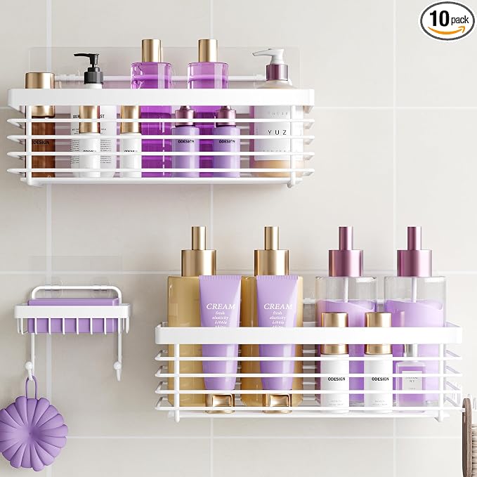 Shower Shelves Adhesive 3 Pack Stainless Steel Storage Organizers-White | No drilling wall mounted,rust-resistant,large capacity,quick drainage,easy to clean,suitable for bathrooms and kitchens