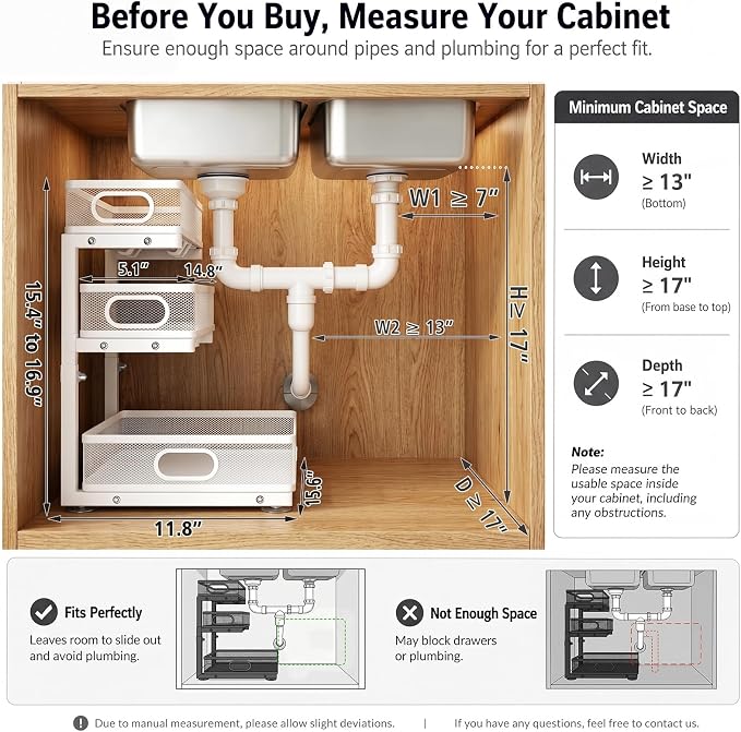 Under Sink Organizer, 3 Tier Pull Out Cabinet Organizer with 5 Adjustable Heights, Metal Under Sink Storage with Sliding Drawers for Kitchen, Bathroom, Pantry and Laundry Room, 2-Pack White