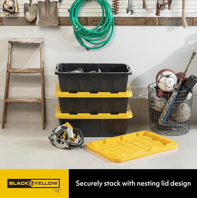 CX Heavy Duty 15-Gallon Stackable Plastic Storage Bins with Lids, 3 Pack | Storage totes for garage organization, Stackable containers, weather-resistant, snap lid, 9.5H x 20.6W x 30.6D, Black/Yellow