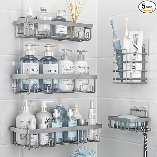 Liuoud 5 Pack Shower Caddy Organizer Rack Shelf for Inside Shower, Self Adhesive Bathroom Wall Storage Basket Rustproof Stainless Steel Large Capacity Shampoo Holder, Grey