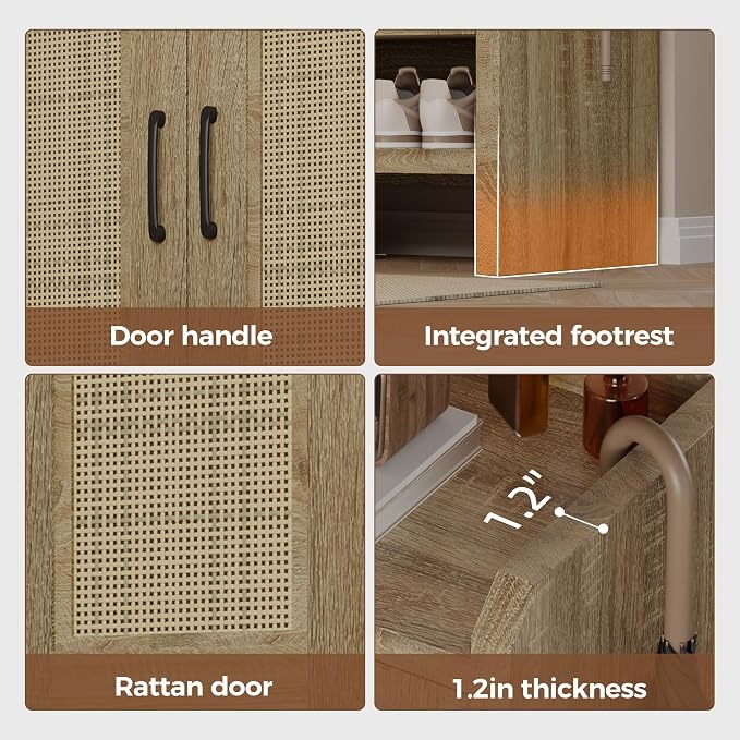 6-Tier Shoe Cabinet Storage for Entryway, Rattan Shoes Organizer Cabinets with Doors, Wooden Shoe Rack, Farmhouse Boho Wood Storage Cabinet (Natural, 6-Tier)