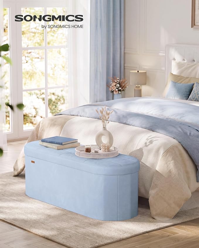 SONGMICS MINOTA Collection - Folding Ottoman with Storage, Oval Storage Ottoman Bench, for Living Room, Bedroom, Velvet Fabric, 15 x 43.3 x 15 Inches, Baby Blue ULSF297QQ01