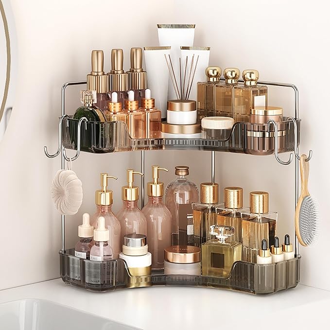 Corner Counter Organizer, 2-Tier Bathroom & Kitchen Storage Tray | Grey Vanity Organizer Storage Countertop with Hooks for Skincare, Makeup & Jewelry