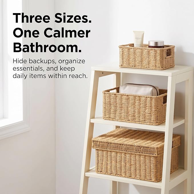 Wicker Storage Basket with Lid for Shelves, 3-Basket Set, Natural | One rectangular wicker basket with lid and two open baskets for decorative shelf storage; removable lid flips into a tray.