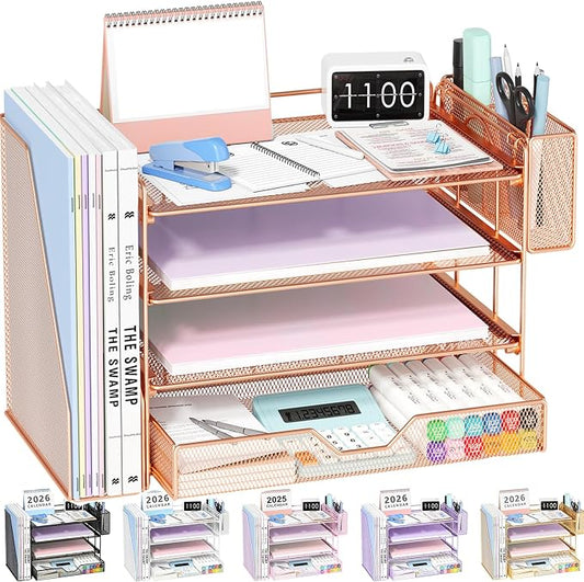 OPNICE Desk Organizer, 4-Tier Desktop File Organizer with Drawer and Pen Holders, Office Desk Accessories, File Sorters, Workspace Organizers for Office Supplies(Rose Gold - Metal Pen Holder)