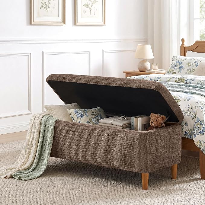 39.4" Ottoman with Storage Upholstered Storage Bench for Living Room | Modern Fabric End of Bed Bench Footstool with Wooden Legs Ottoman Bench for Window Hallway Entryway Bedroom Brown