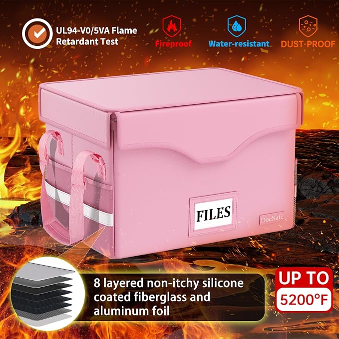 DocSafe 5200°F Fireproof Document Box with Lock,Heat Insulated File Organizer Storage with Pockets,Collapsible Portable Home Office File Safe Box with Handle for Hanging Letter/Legal Folders, Pink
