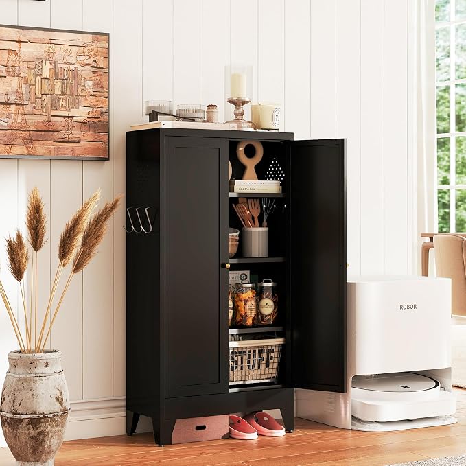 AQY Kitchen Pantry Cabinet,47" Black Pantry Storage Cabinet with 5 Tier Adjustable Shelves and 2 Doors,Freestanding Cupboard,Metal Pantry Cabinets with Handle for Living Room Kitchen Assembly Required