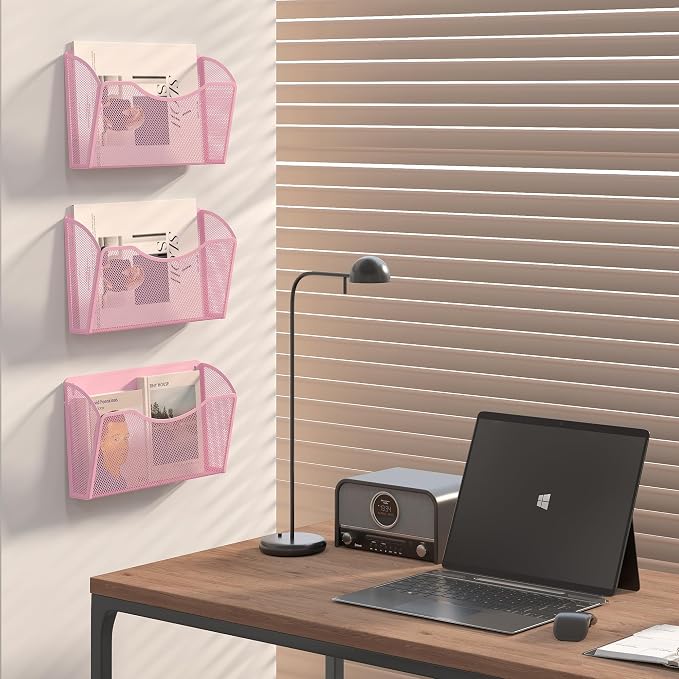 EasyPAG Wall File Organizer 3 Pack, Hanging File Organizer Wall Mount, Metal Mesh Folder Holder for Letter/A4 Papers, Mail Sorter for Office, Classroom, Home, Pink