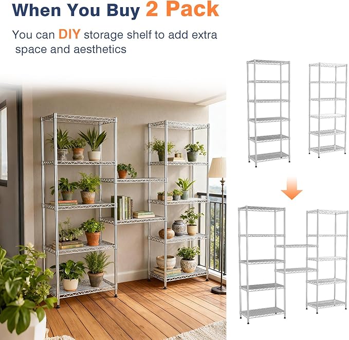 6-Tier Wire Shelving Unit,Metal Shelf Racks with Lockable Wheels,Chrome | 21.3" Wx11.4 Dx73 H,Height Adjustable Storage Shelves for Narrow Space/Laundry/Bathroom/Kitchen/Pantry/Closet