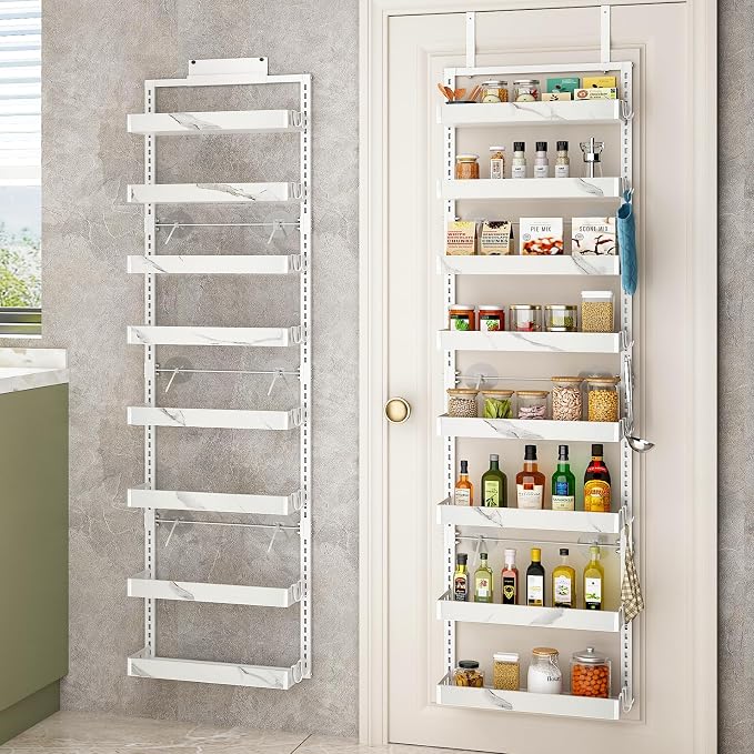 BUKFEN 8-Tier Over the Door Pantry Organizer, 2-in-1 Door Hanging or Wall Mounted Spice Rack, Heavy Duty Metal Storage Shelves with Adjustable Baskets for Kitchen Bathroom Closet