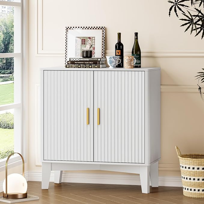 BORNOON Storage Cabinet with Doors and Adjustable Shelf, Modern Fluted Sideboard Buffet Cabinet, Freestanding Coffee Bar for Kitchen, Pantry, Entryway, Living Room (White)