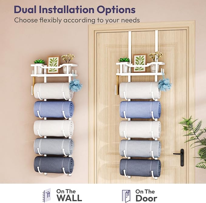 SWTYMIKI Over the Door Towel Rack - 6 Tier Towel Racks for Bathroom Wall Mounted, Towel Holder with Shelf, Hanging Rolled Towel Storage Organizer for Small Bathroom, Camper, RV, White