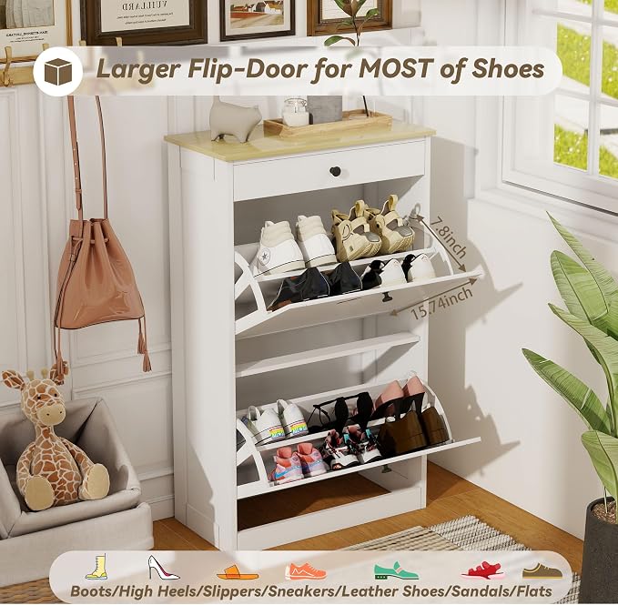 Shoe Storage Entryway with 2 Flip Drawers, Narrow Wooden Shoe Cabinet | Pet-Proof Hidden Shoe Organizer, Narrow Shoe Rack, Adjustable Dividers, Hold 8-10 Pairs, for Entryway Living Room
