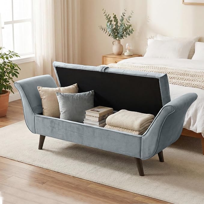 End of Bed Storage Bench for Bedroom, 65" King Size Velvet Storage Bench with 2 Pillows, Upholstered Rolled Armed Button Tufted Sofa Ottoman Bench, Long Narrow Bench for Entryway (Gray)