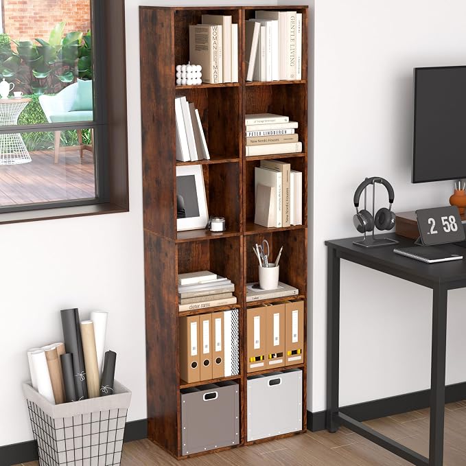 Cube Storage Organizer, 6 Cube Retro Bookshelf, Freestanding 6 Tier Open Shelf, Rustic Brown Retro Shelves for Home Office, Bedroom, Living Room, Study