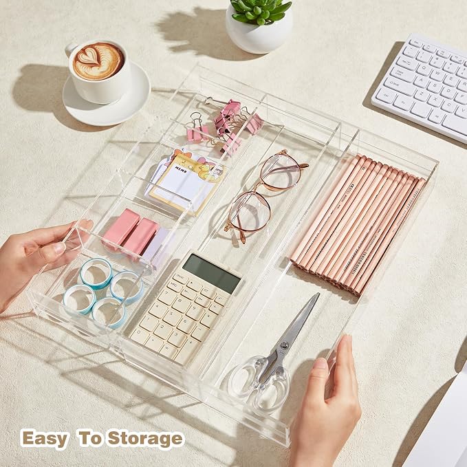 Briwooody Clear Acrylic Drawer Organizer Expandable,7 Compartments,Medium | 9'' up to 18'' x 12'' x 2.1'' Desk Drawer Organizer Trays Adjustable with Desk Accessories for Makeup Office Bathroom