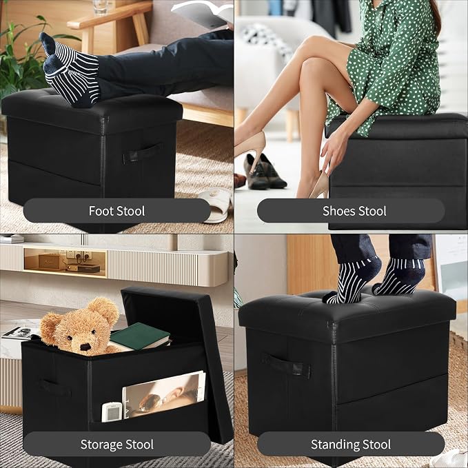 Storage Ottoman Foot Rest Stool with Thicker Foam Padded Seat. Foldable Leather Footstool Bench. Small Ottoman with Storage for Living Room Bedroom Coffee Table 350 lbs, 17x13x13in, Black. | Foldable Leather Foot Stool with Storage, Small Ottoman with ...