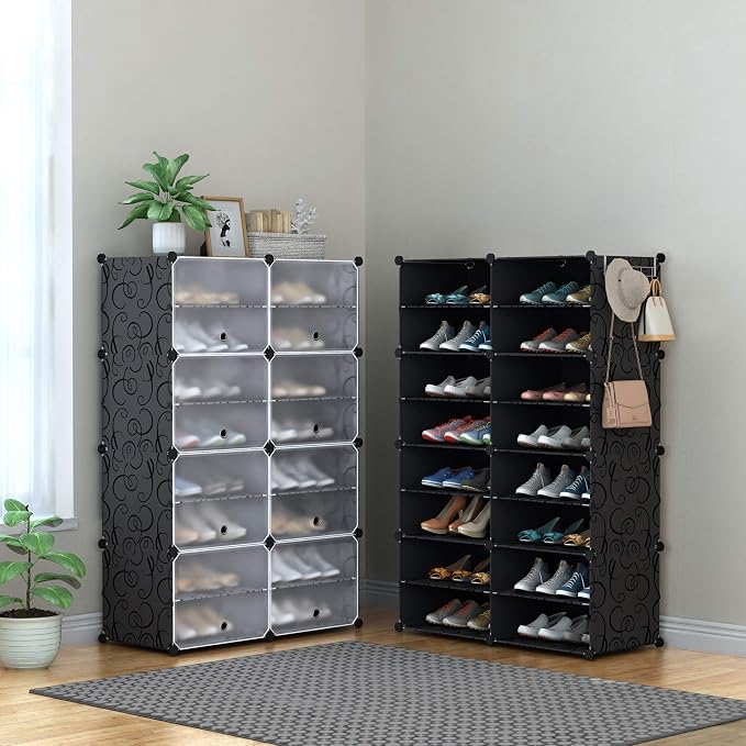 HOMIDEC Shoe Rack Organizer 32 Pair Modular Shoe Storage Cabinet for Closet | PP Plastic, Sturdy Steel Frame, Waterproof, Dustproof, Easy Clean, Shoe Shelves for Closet Garage Hallway Bedroom Entryway