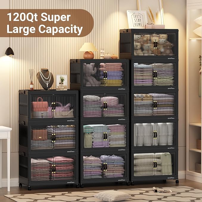 BROVIEW 480 Qt Stackable Storage Bins with Lids, Plastic Closet Organizers and Storage Drawer, Collapsible Storage Box with Wheels, Folding Storage Cabinet for Closet Clothes Organization, 4Pack Black