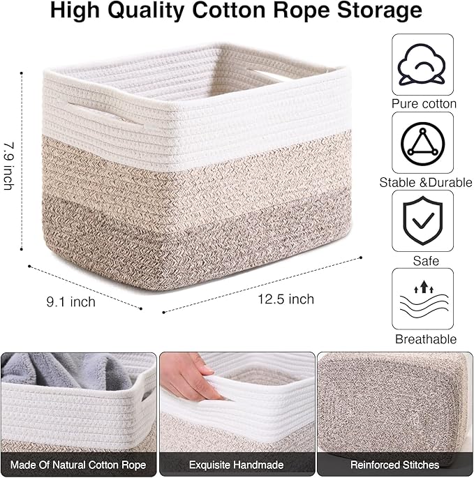 ICERZCZ Shelf Baskets for Organizing, Storage Baskets for Shelves, Woven Baskets for Storage, Cotton Rope Baskets with Handles for Toy, Book, Clothes, 12.5"Lx9.1W"x7.9H", (4 Packs) Gradient Brown