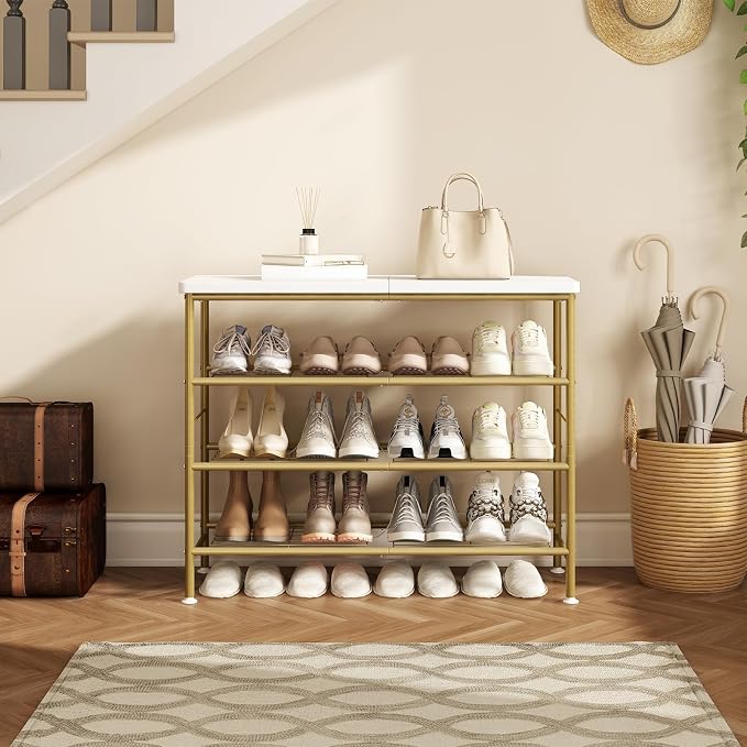 SUOERNUO 4 Tier Shoe Rack Organizer for Closet Shoe Storage for Entryway | Free Standing with MDF Top Board,Sturdy Metal Frame,Ideal for Living Room,Hallway Gold