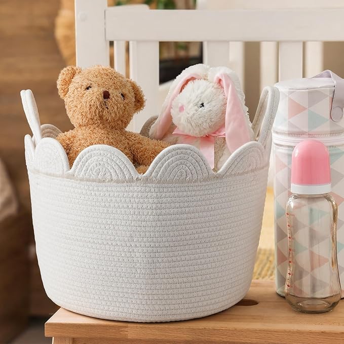 LemonRoad White Round Basket Large Blanket Basket 16" x 14" Scalloped Woven Baskets Cotton Storage Baskets for Nursery Classroom Closet Blankets Storage Home Decor