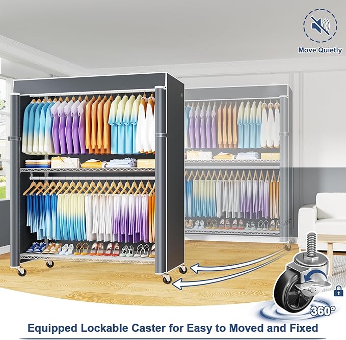 ULIFHOME P8C Max Heavy Duty Clothes Rack（With Extended Width Design） Rolling Clothing Racks for Hanging Clothes with Lockable Wheels，51.2" W x 15.8" D x 80.5" H，Load 800LBS，White Rack with Grey Cover